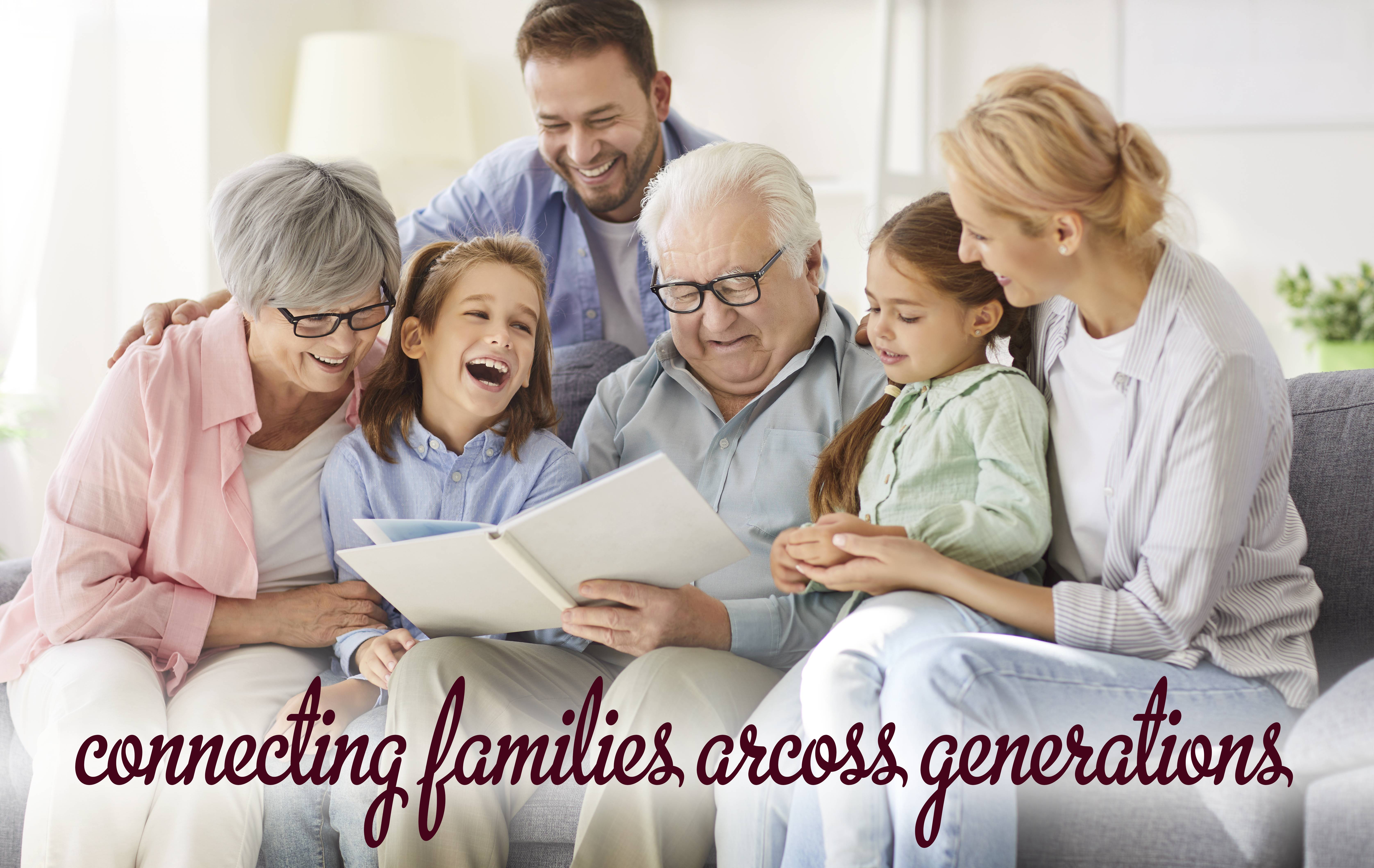 happy multi-generational family looking at a book together